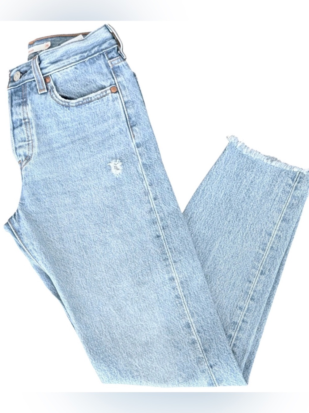 Levi’s Wedgie Straight Jeans 26 Distressed Light Wash Raw Hem Premium Denim